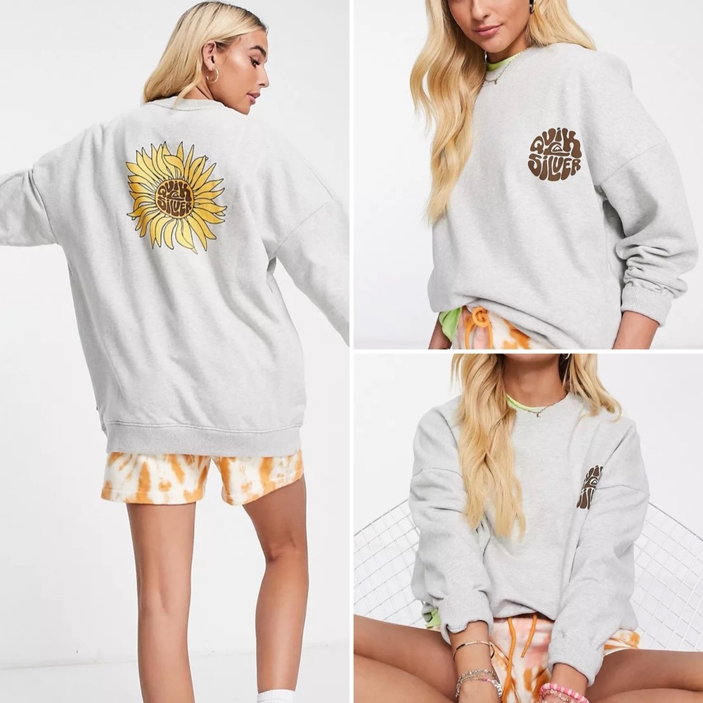 Quiksilver Gray Sweater with Yellow Sunflower Design